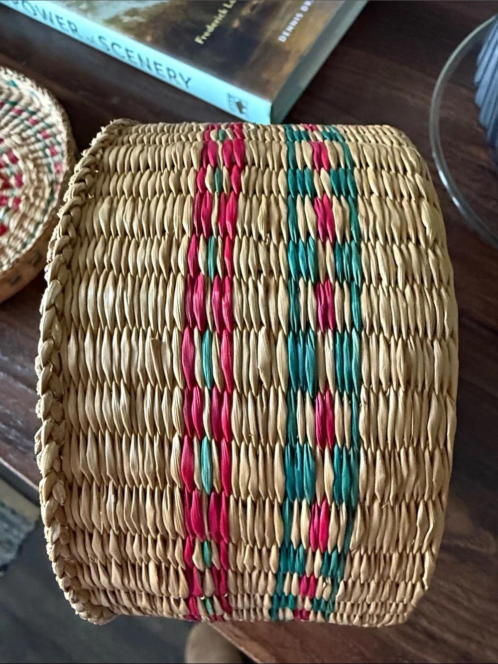 Handwoven Natural Straw Small Storage Basket with Red and Teal Boho Rustic